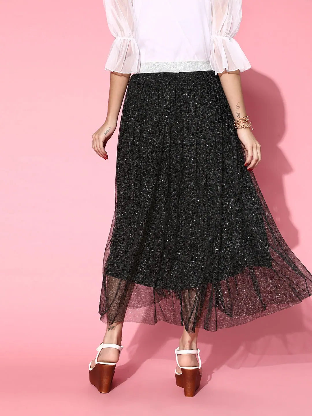 Black Mesh Lurex Maxi Skirt - Women's Western Clothing