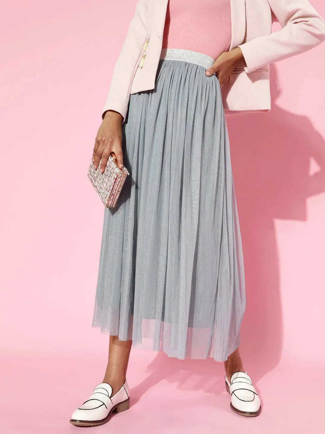 Blue Lurex Maxi Skirt - Mesh Fabric, Comfort Fit