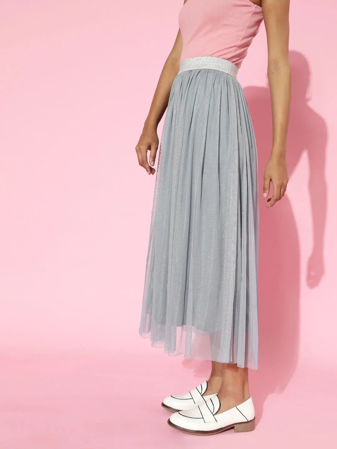 Blue Lurex Maxi Skirt - Mesh Fabric, Comfort Fit