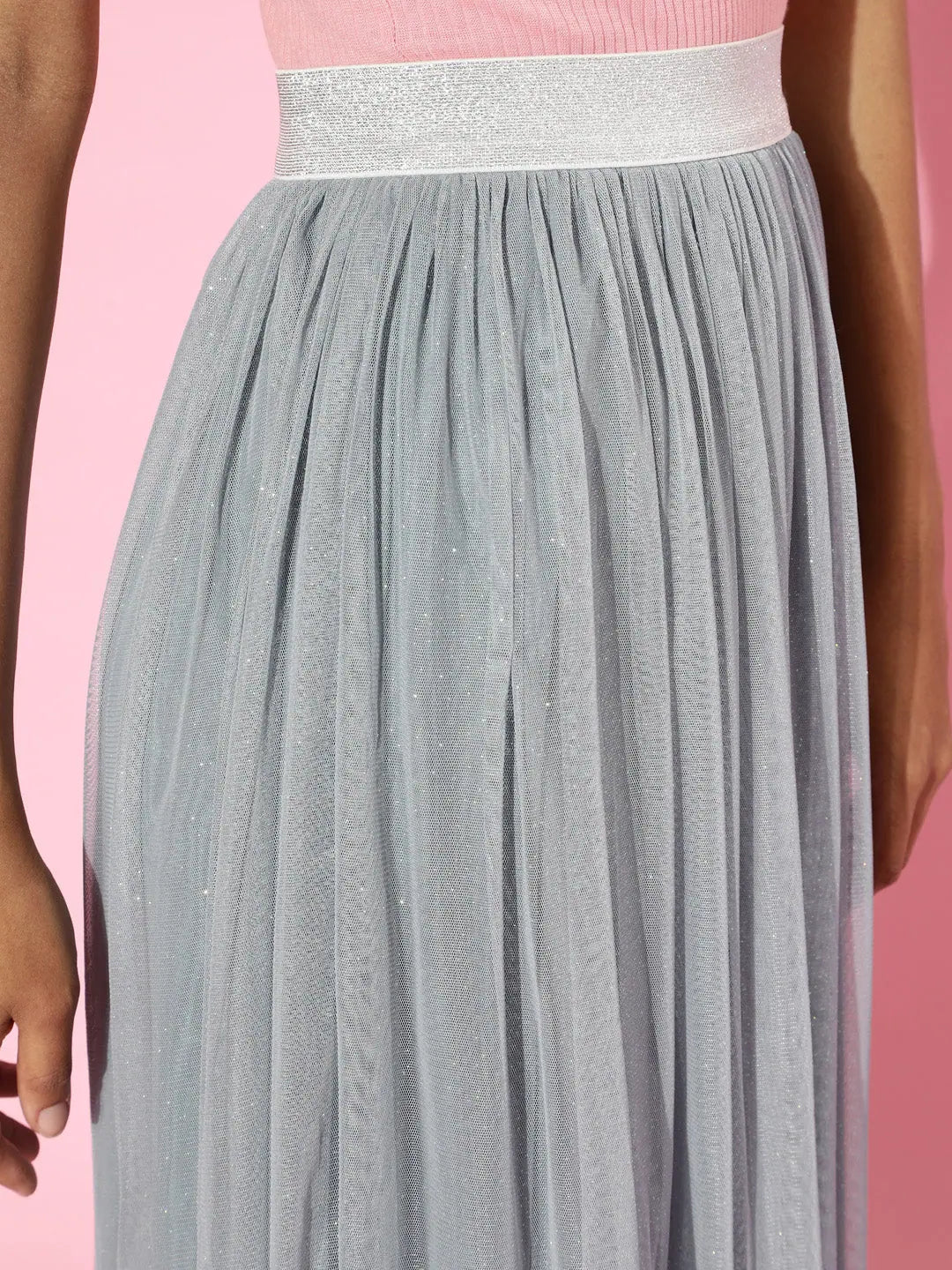 Blue Lurex Maxi Skirt - Mesh Fabric, Comfort Fit