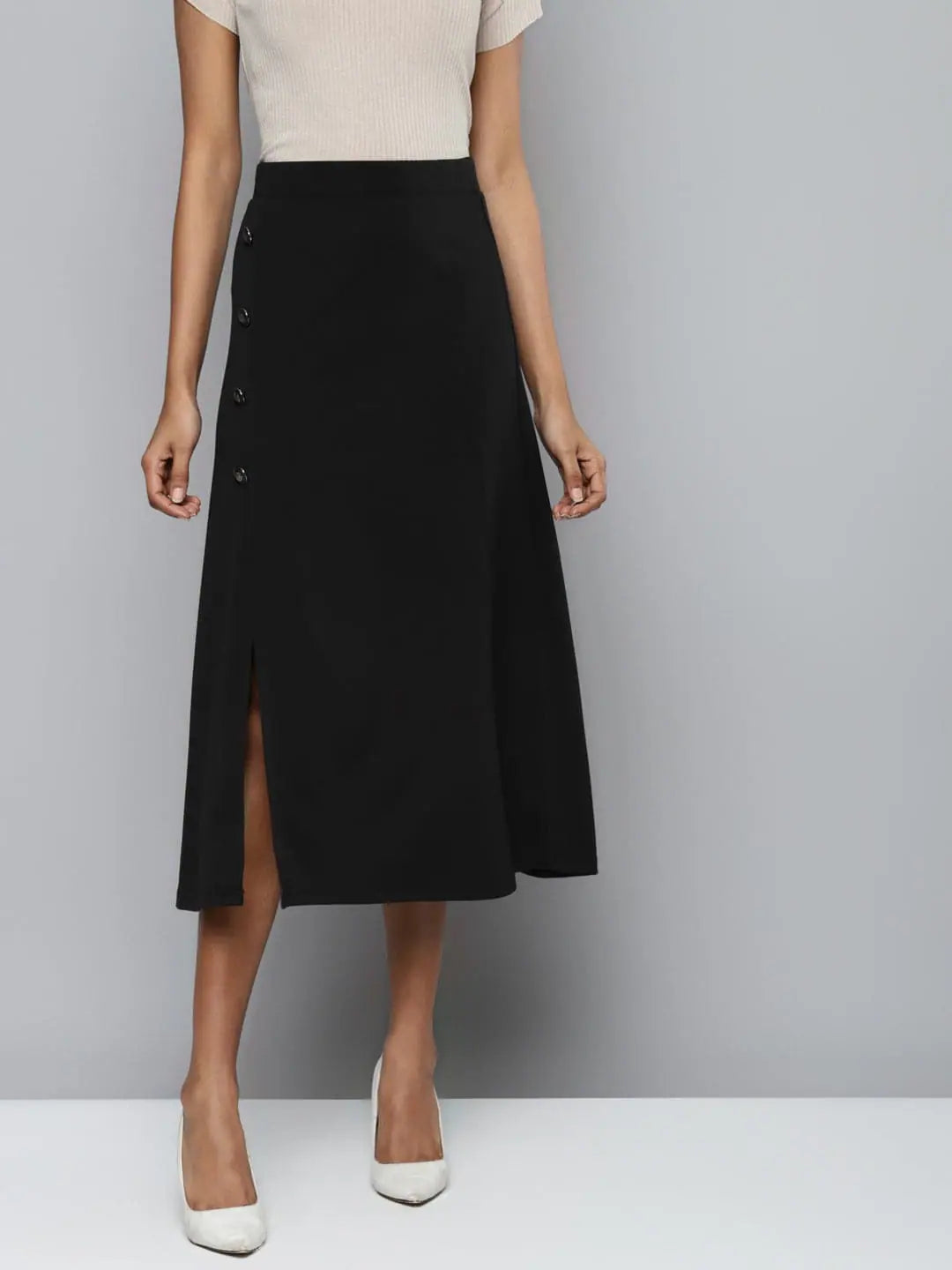 Black Scuba Flared Midi Skirt with Front Slit | Women's Lehenga