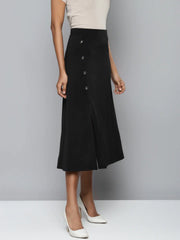 Black Scuba Front Slit Flared Midi Skirt