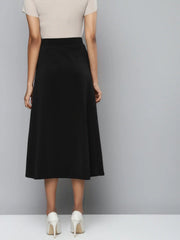 Black Scuba Front Slit Flared Midi Skirt