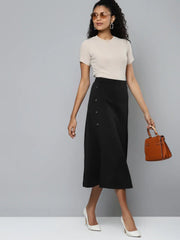 Black Scuba Front Slit Flared Midi Skirt