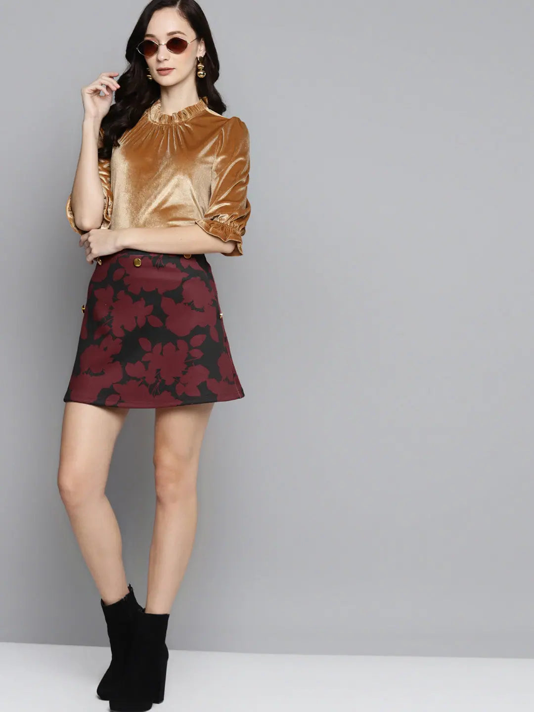 Red Floral Mini Skirt - Designer Lehenga Look