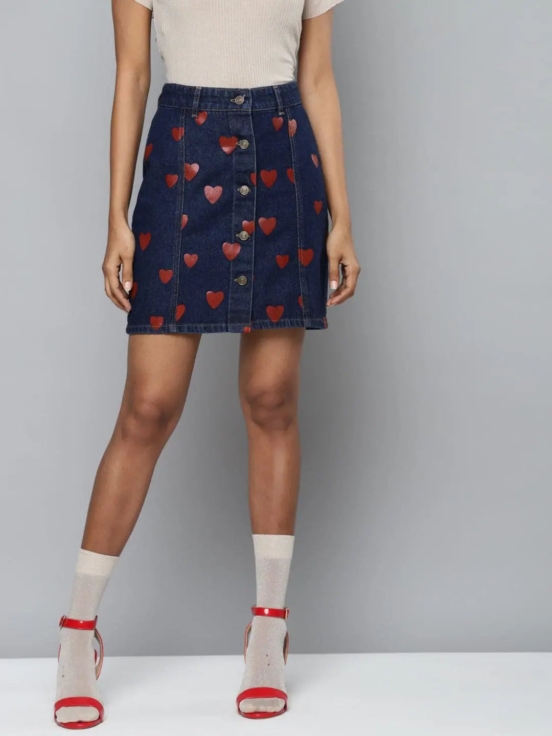 Blue Denim Red Heart Print Mini Skirt | Women's Fashion
