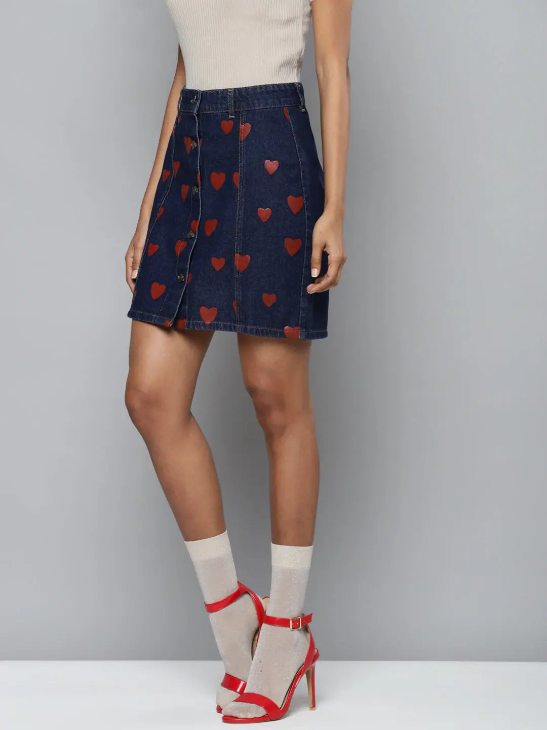 Blue Denim Red Heart Print Mini Skirt | Women's Fashion