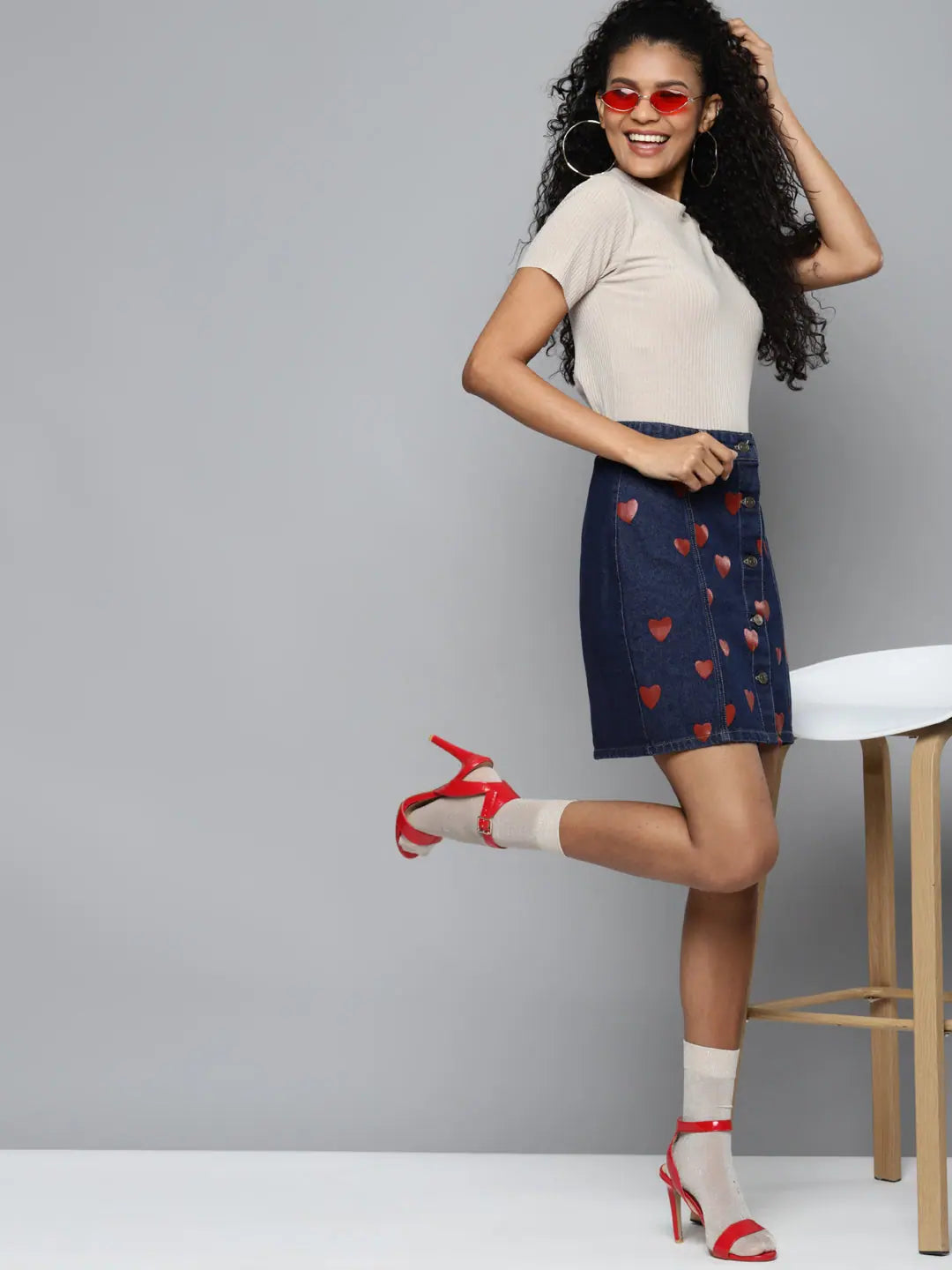 Blue Denim Red Heart Print Mini Skirt | Women's Fashion