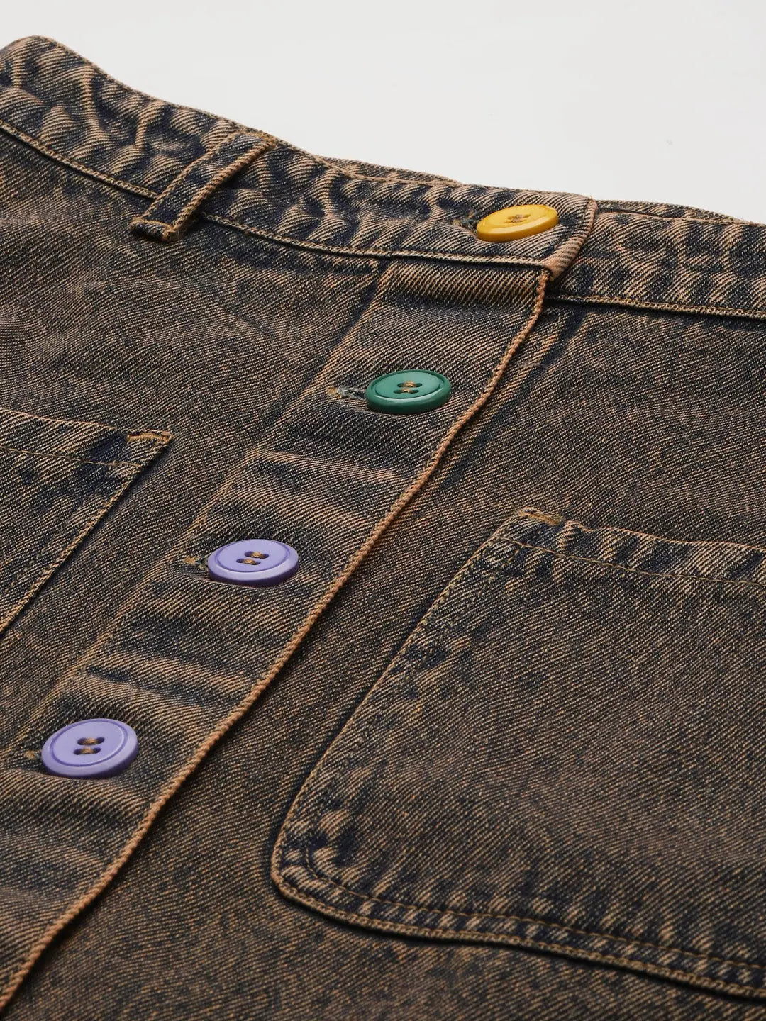 Brown Denim Mini Skirt with Multi-Buttons | Designer Lehenga