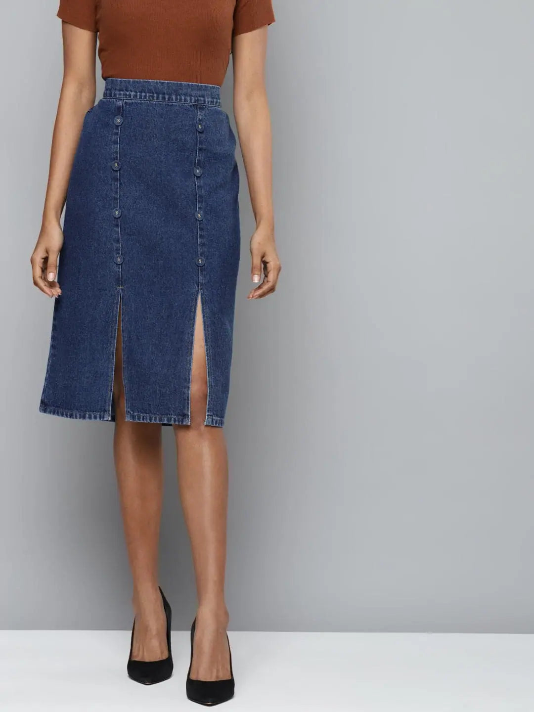 Blue Denim Pencil Midi Skirt | Women's Lehenga for Women