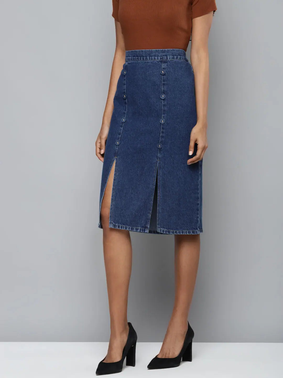 Blue Denim Pencil Midi Skirt | Women's Lehenga for Women