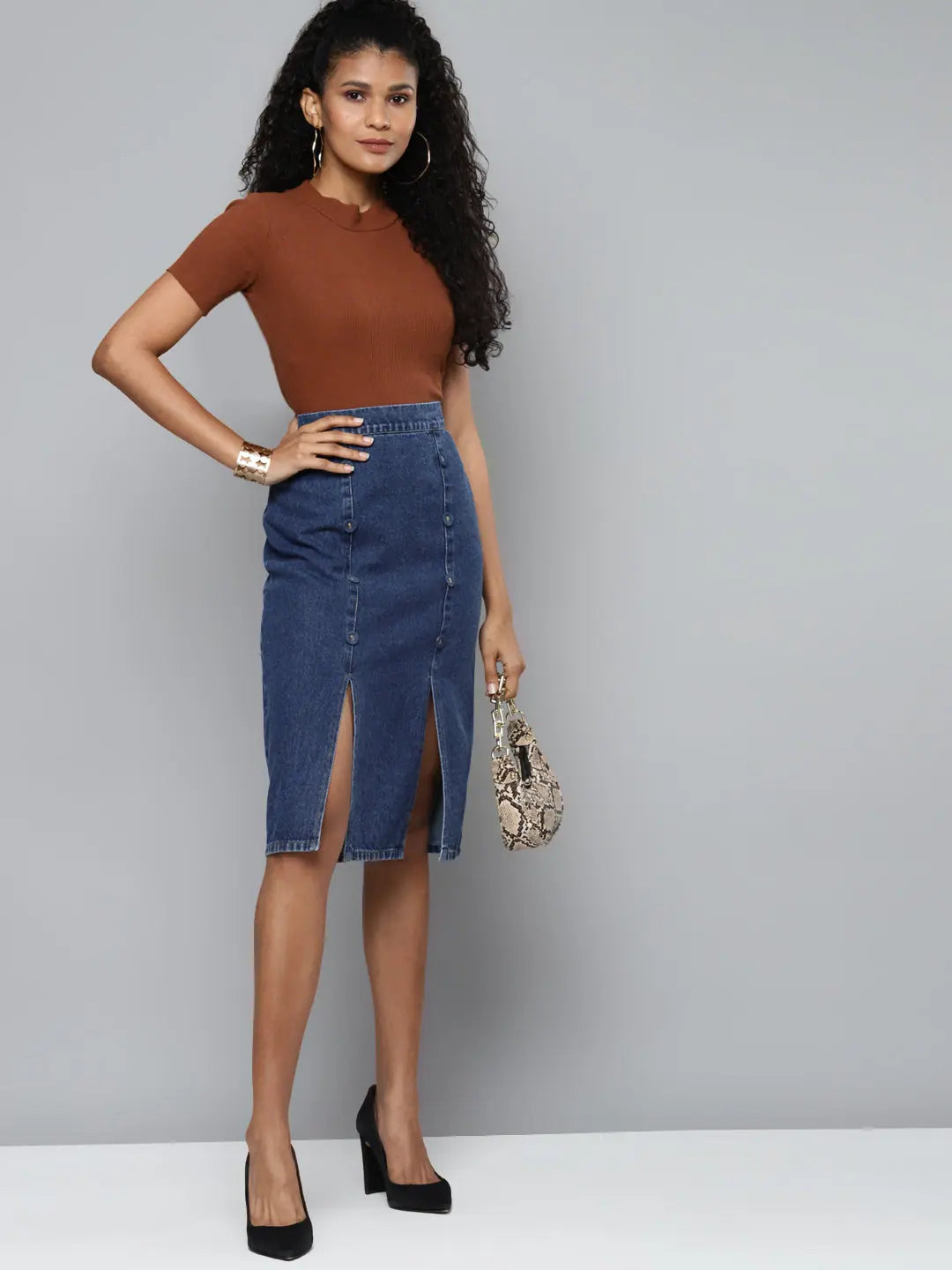 Blue Denim Pencil Midi Skirt | Women's Lehenga for Women