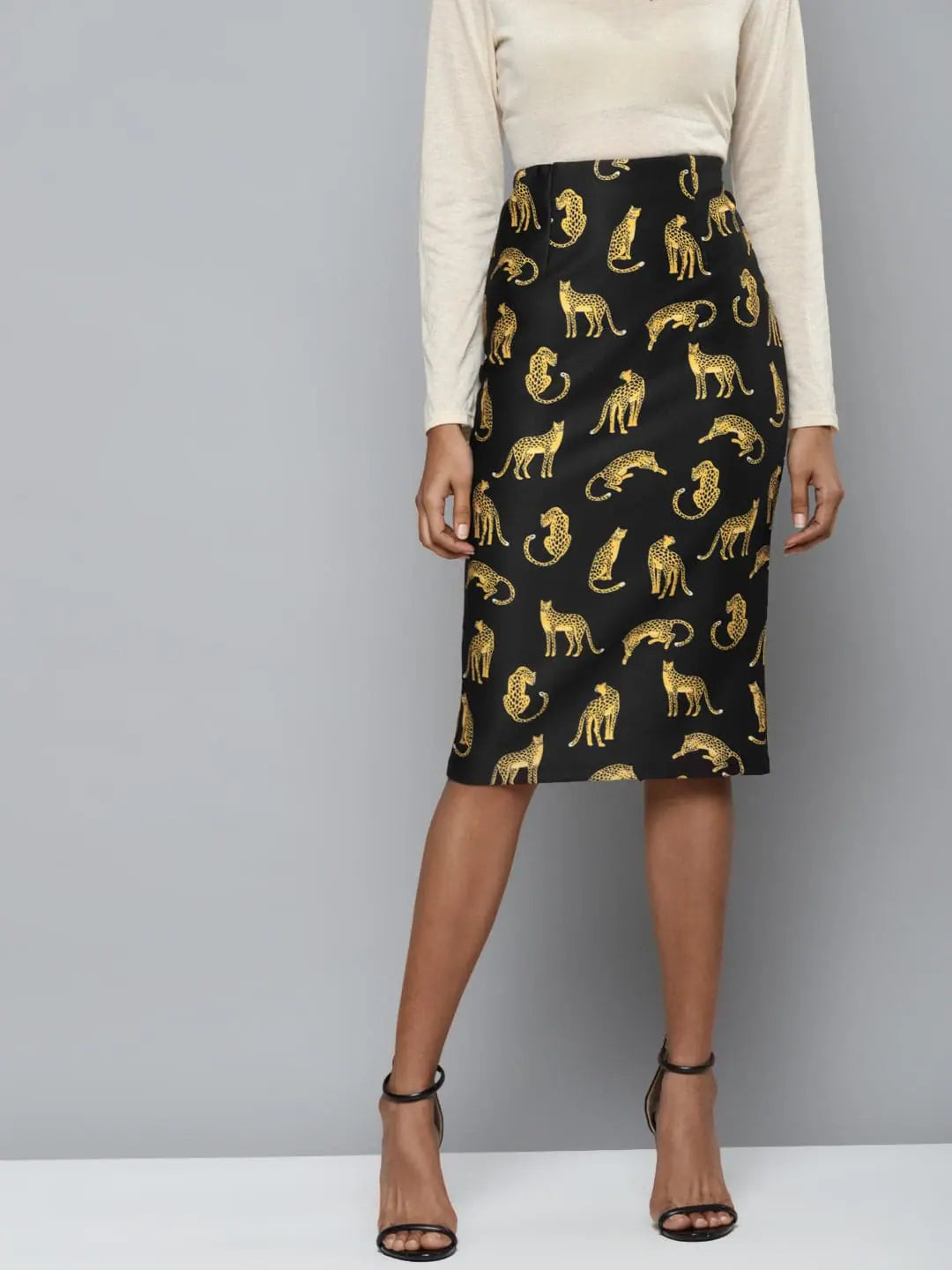 Black Scuba Cheetah Print Pencil Skirt