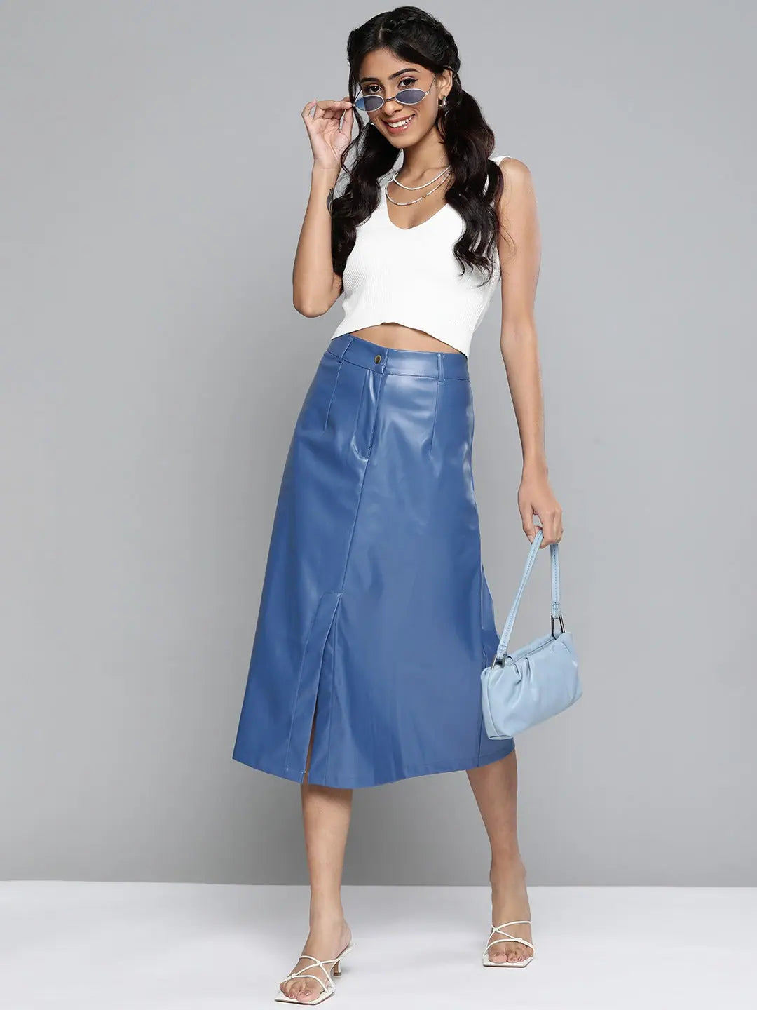 Royal Blue PU A-Line Skirt | Women's Designer Fashion