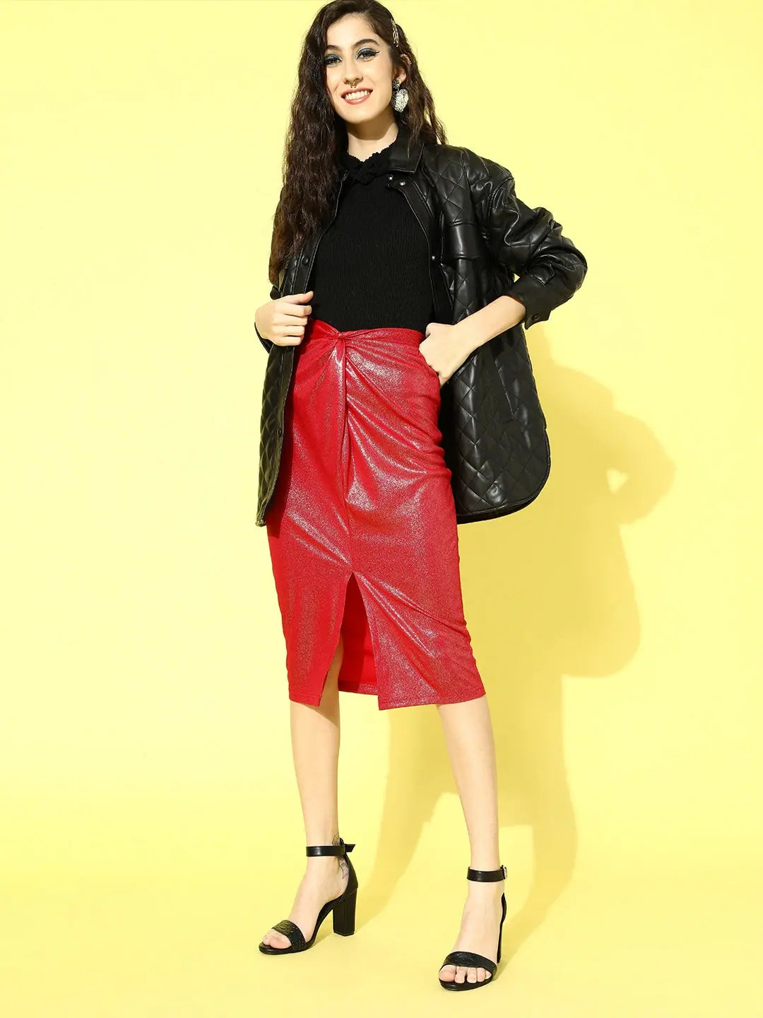 Red Metallic Skirt | Twisted Midi Skirt - Women's Western Wear