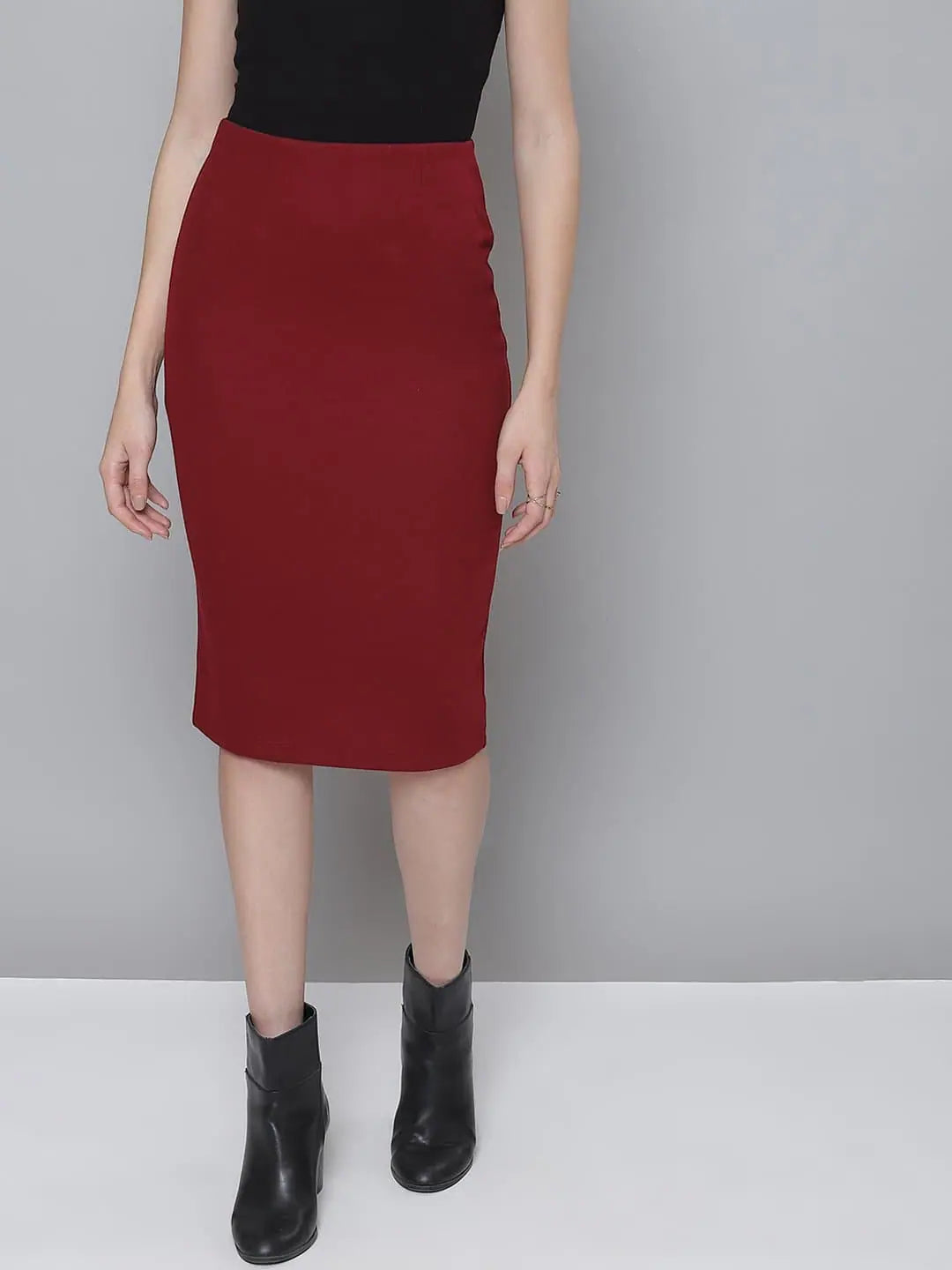 Maroon Rib Pencil Skirt - Women's Western Clothing | [Brand Name]