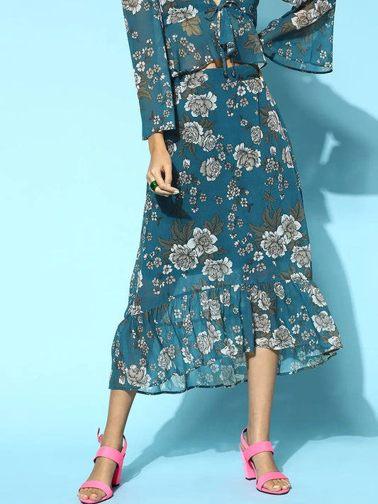 Teal Blue Floral High Low Skirt 1080