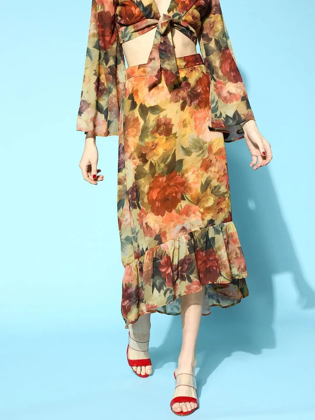 Rust Floral High Low Skirt - Women's Lehenga Look