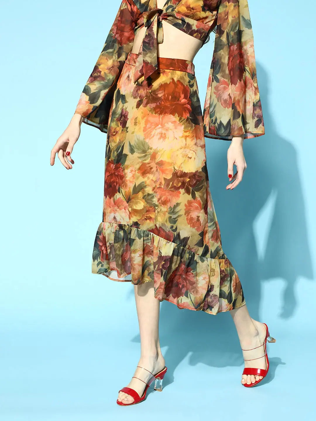 Rust Floral High Low Skirt - Women's Lehenga Look