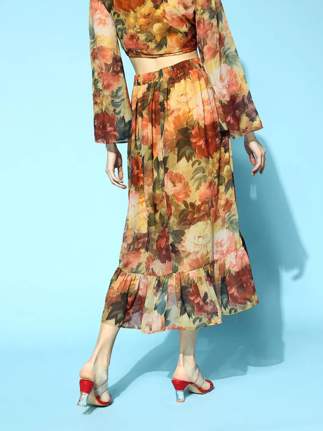 Rust Floral High Low Skirt - Women's Lehenga Look