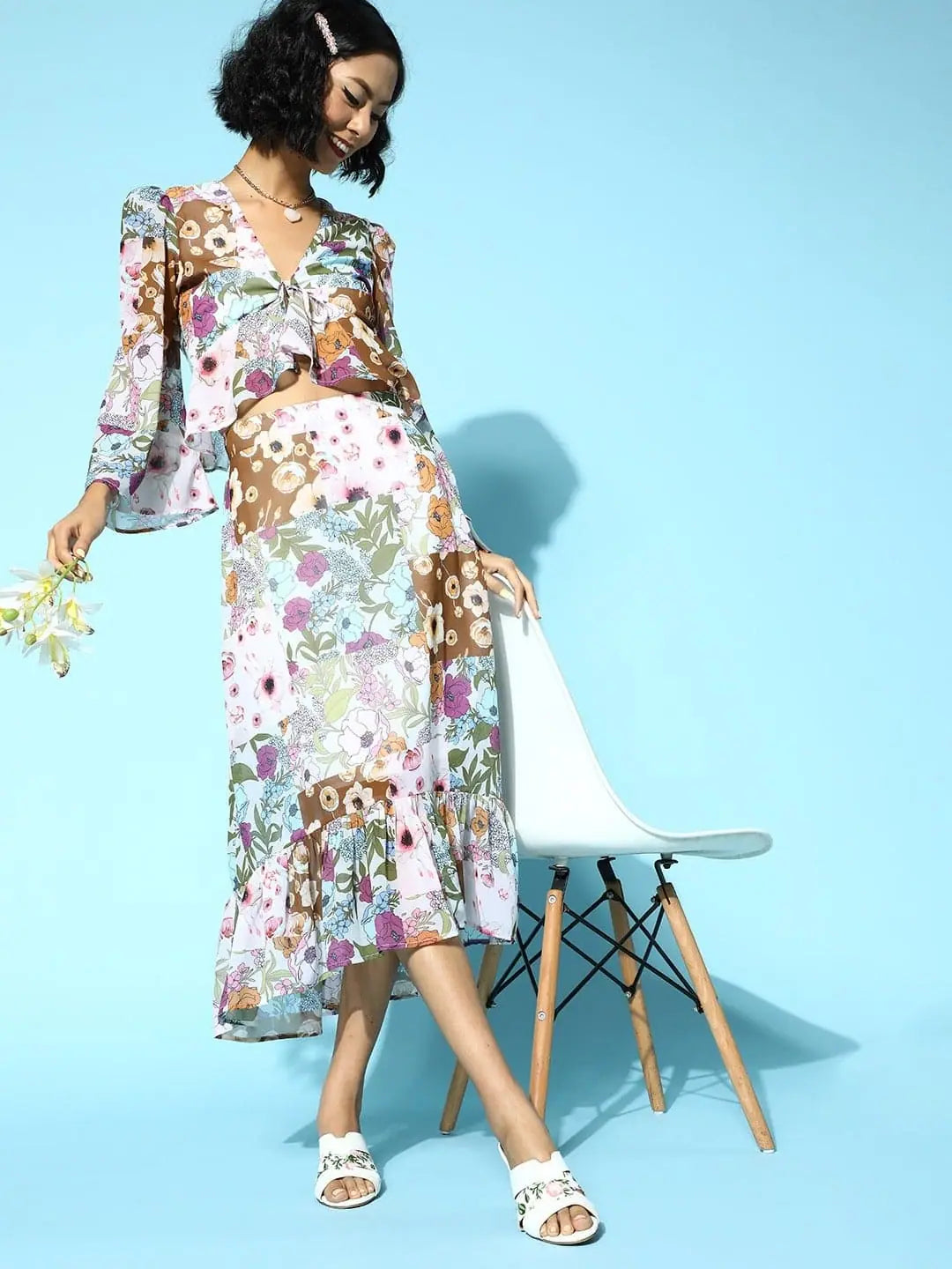 Floral High Low Skirt - Off White Midi Skirt for Women