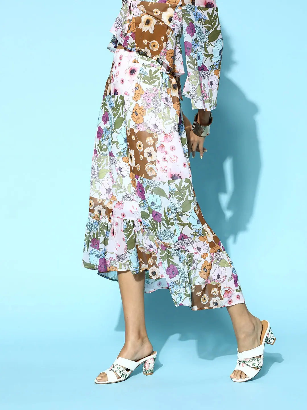 Floral High Low Skirt - Off White Midi Skirt for Women