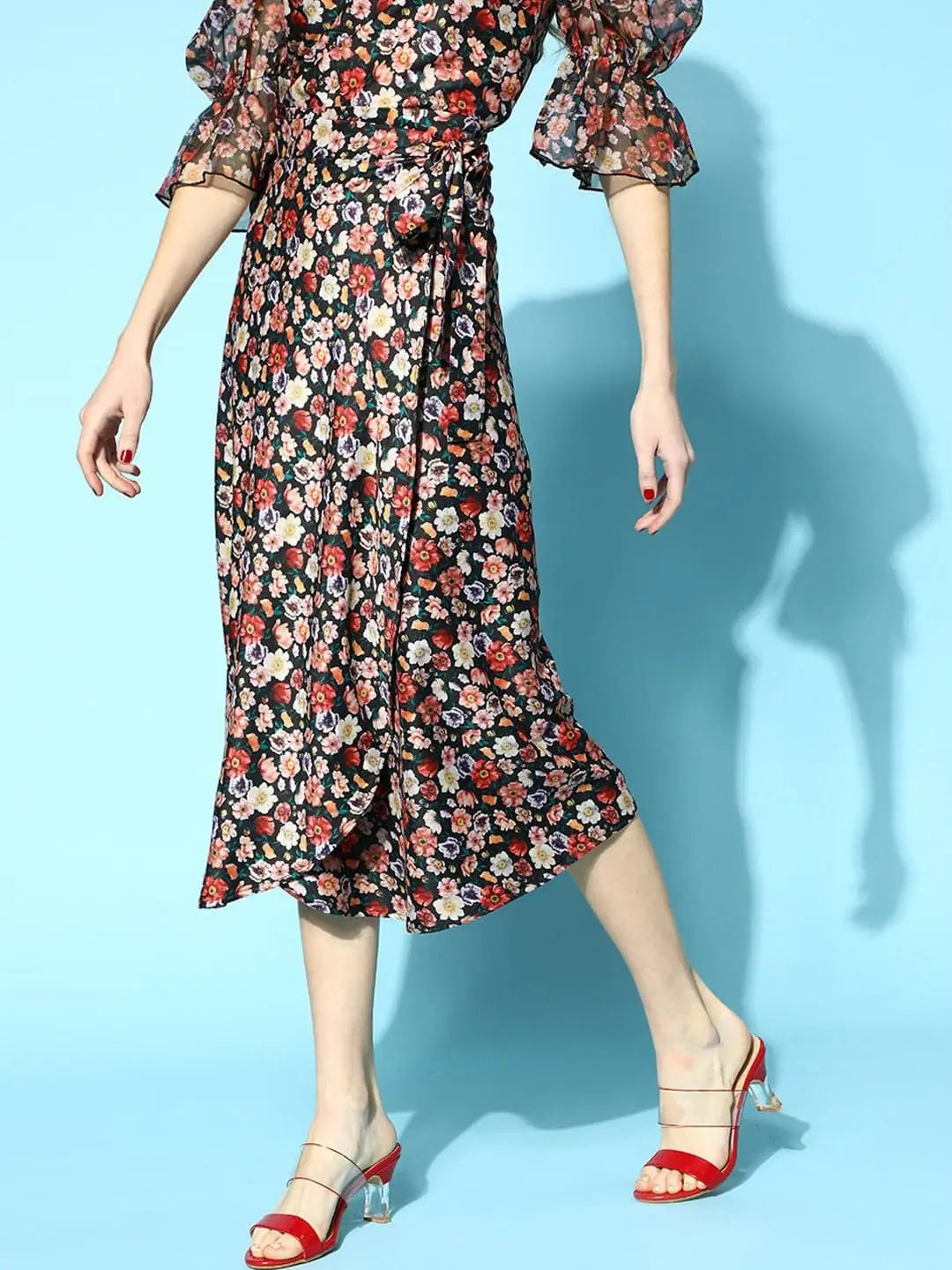 Black Floral Wrap Skirt - Ditsy Print Polyester Midi Skirt