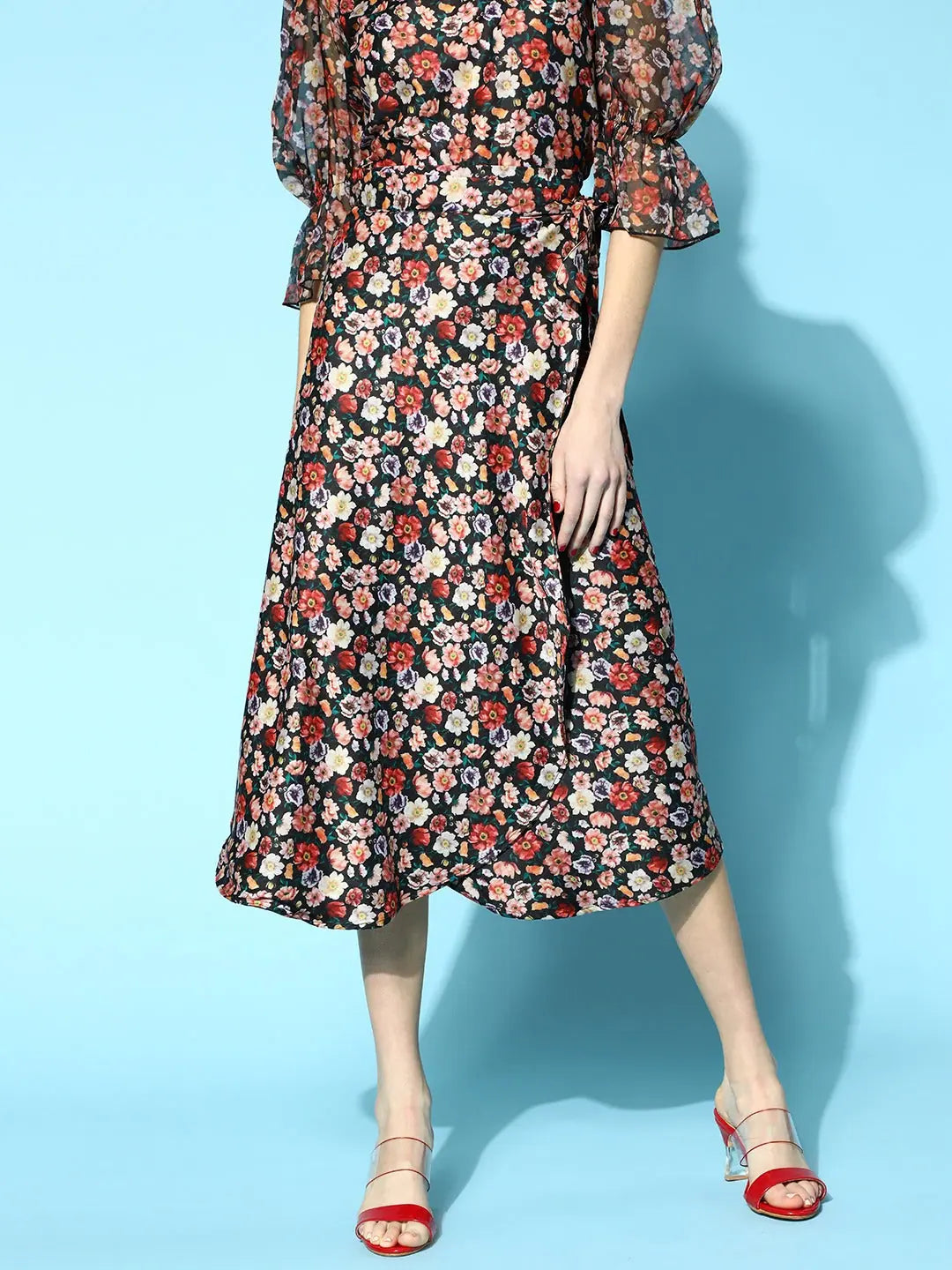 Black Floral Wrap Skirt - Ditsy Print Polyester Midi Skirt