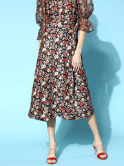 Black Ditsy Floral Wrap Skirt