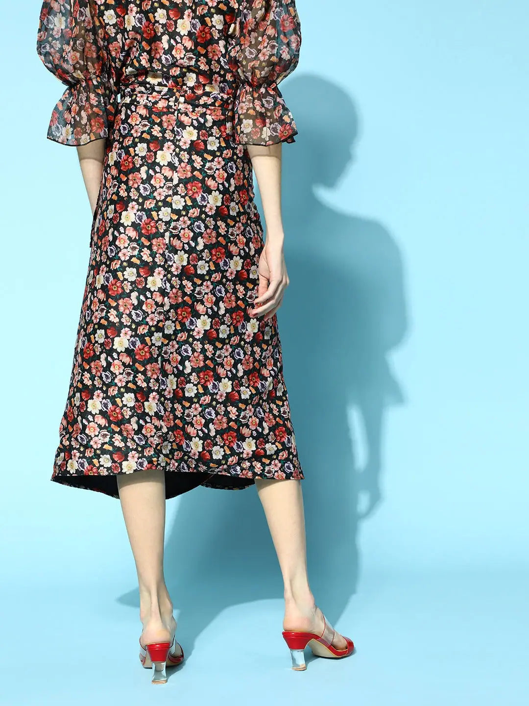 Black Floral Wrap Skirt - Ditsy Print Polyester Midi Skirt