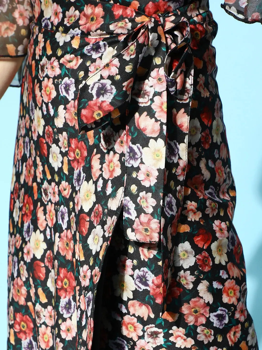 Black Floral Wrap Skirt - Ditsy Print Polyester Midi Skirt