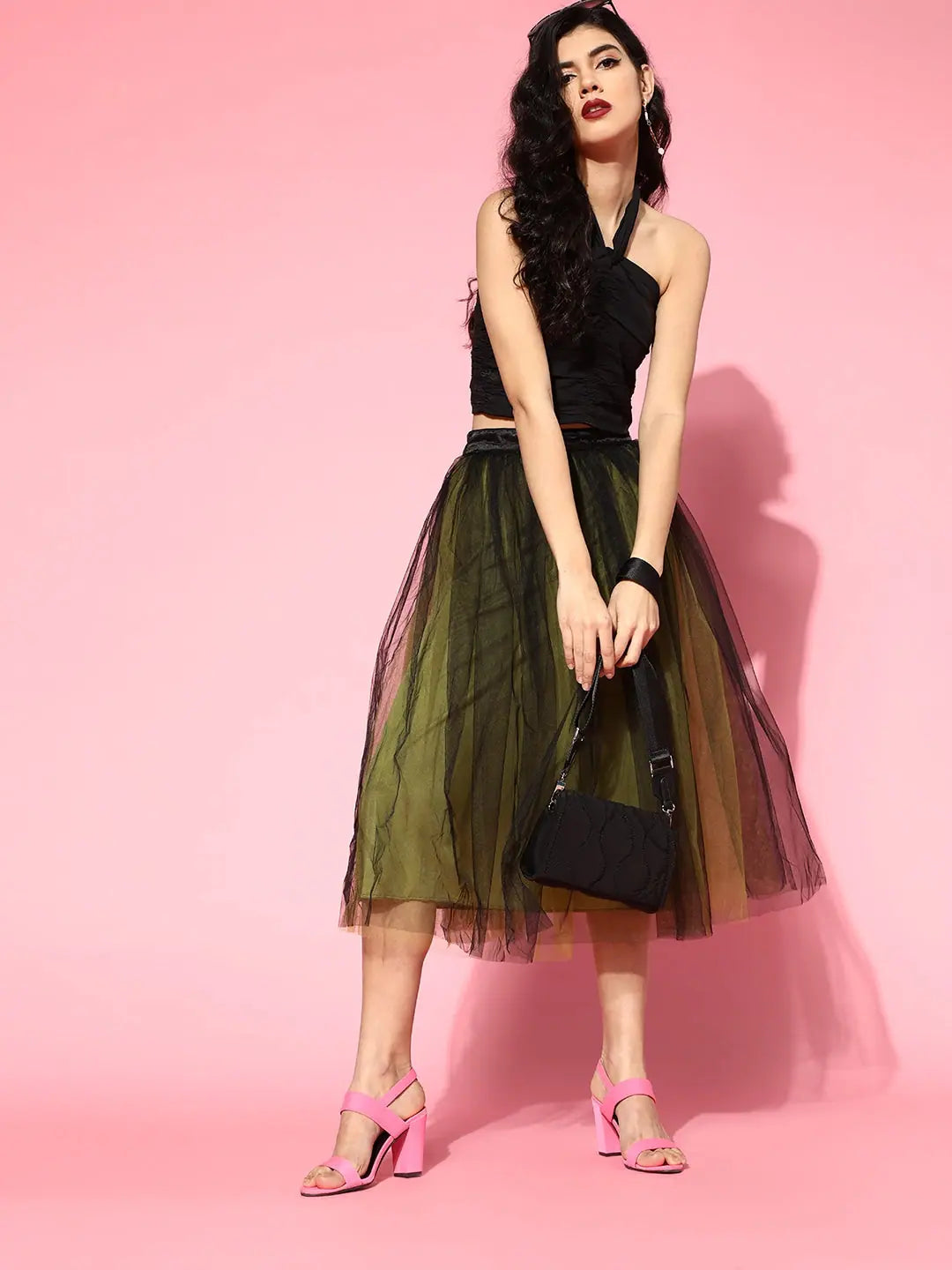 Green & Black Tulle Midi Skirt - Designer Lehenga Style