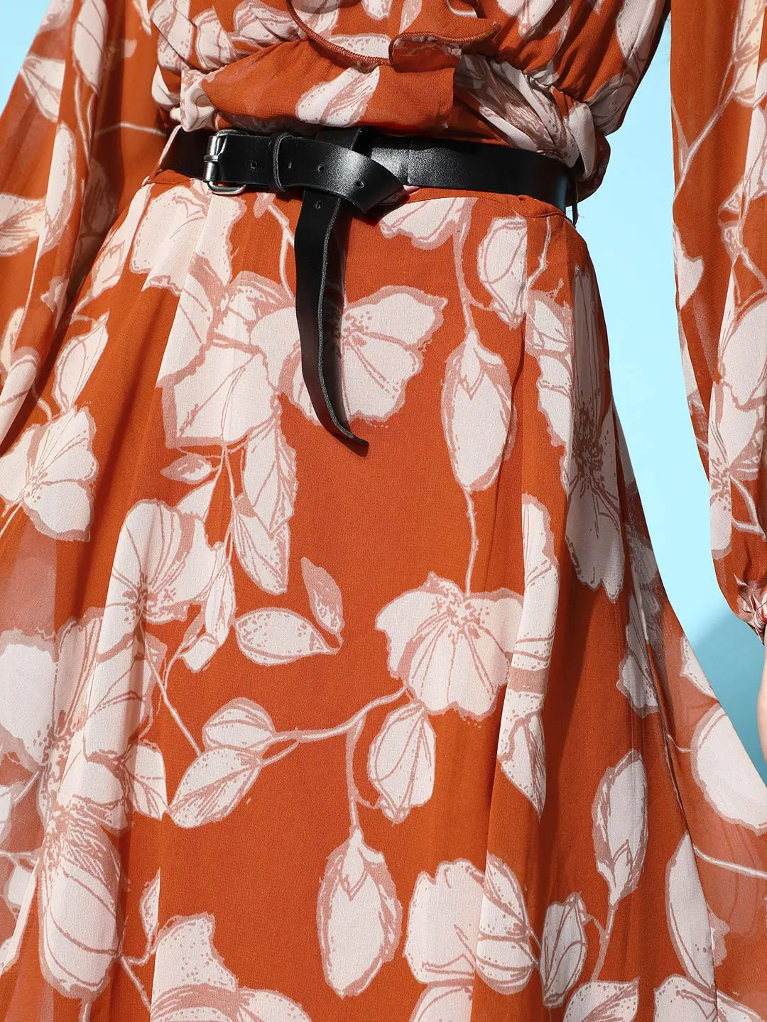 Brown Floral A-Line Skirt with Belt - Women's Lehenga Style