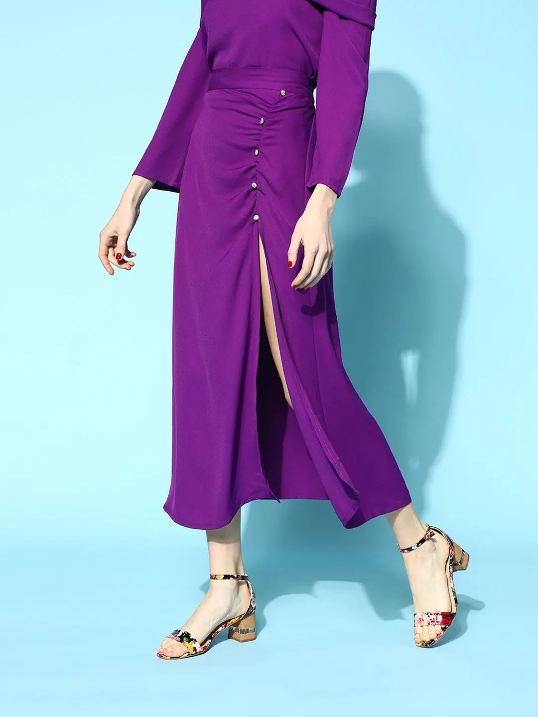 Purple Ruched Skirt - Side Slit A-Line Skirt for Women