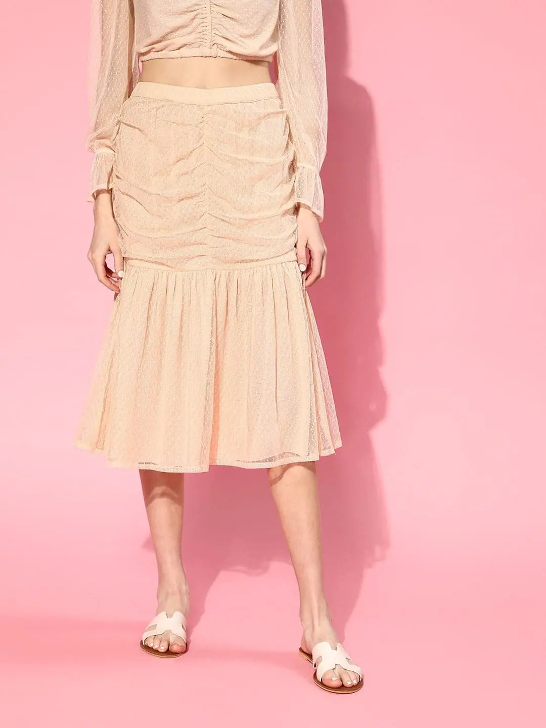 Nude Swiss Dot Mesh Skirt - Women's Western Wear Midi Skirt