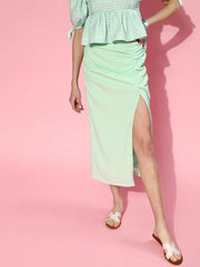 Women Mint Green Side Ruched Skirt