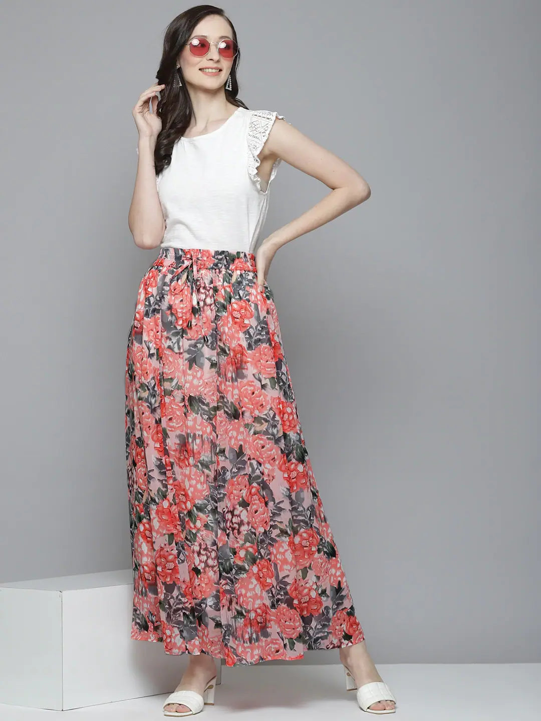 Women Peach Floral Maxi Skirt - Western Wear Clothing