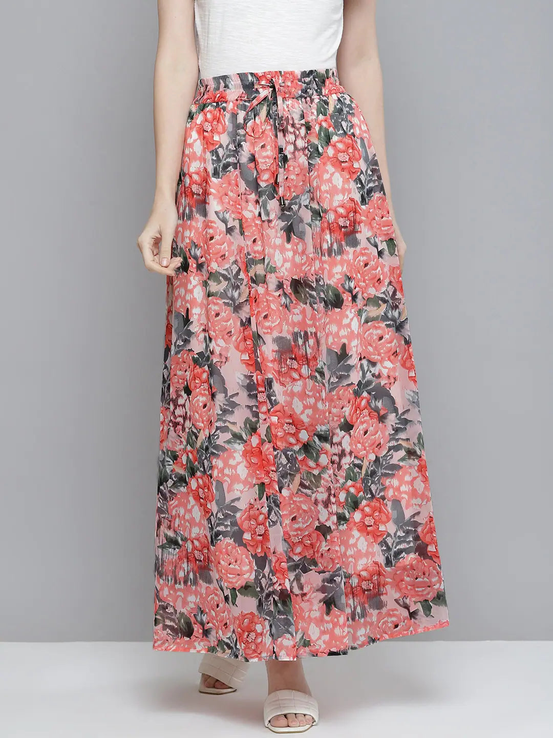 Women Peach Floral Maxi Skirt - Western Wear Clothing