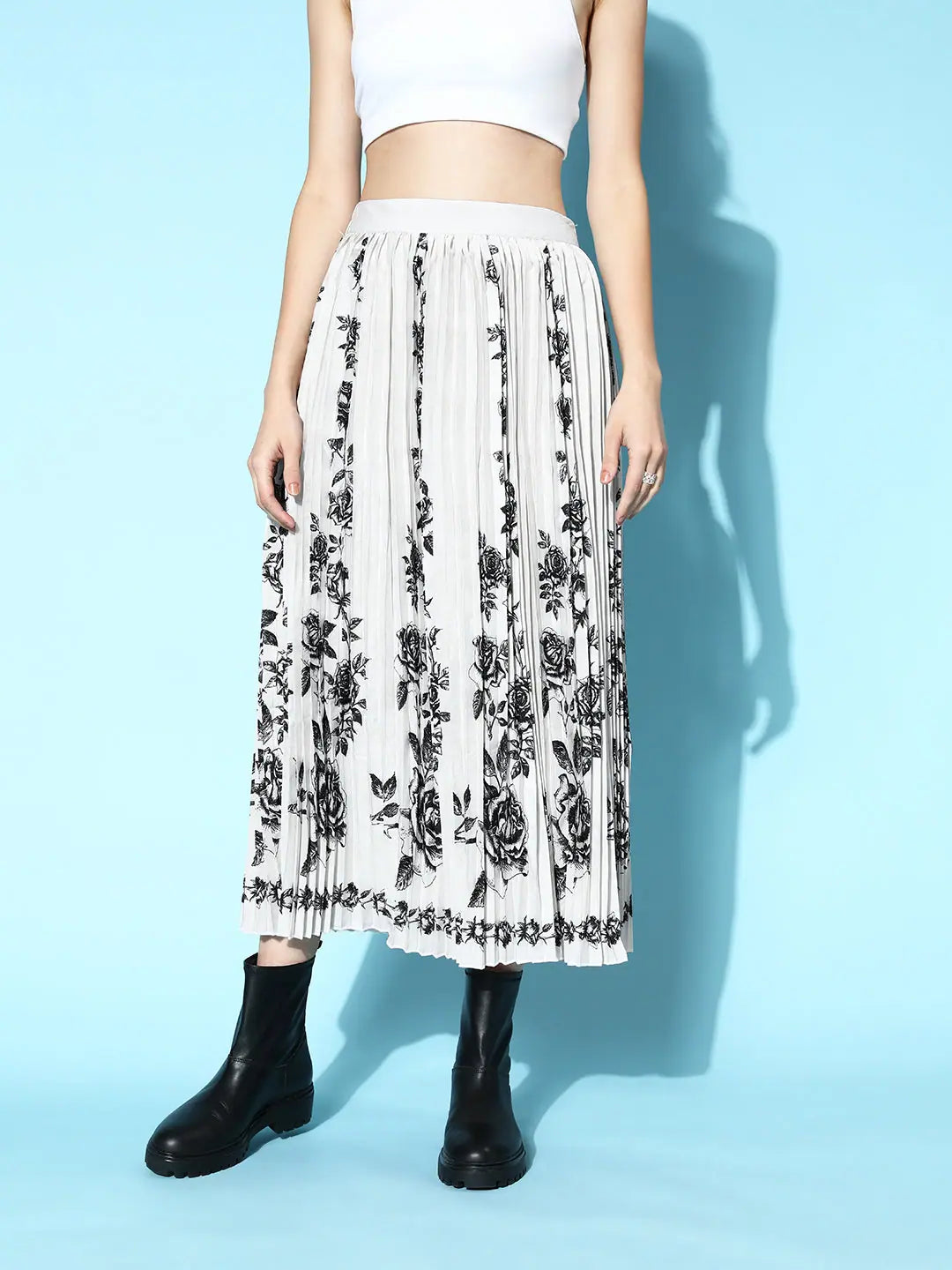 Grey Floral Print Pleated Skirt | Women's Western Wear