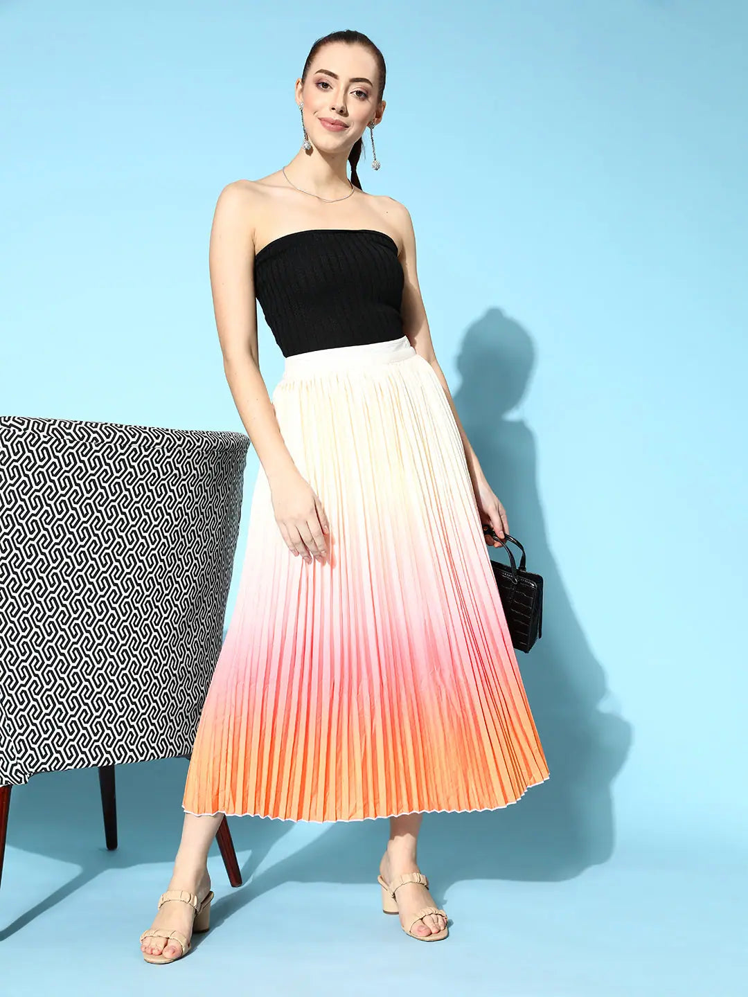 Ombre Pleated Skirt - Women's Western Wear | Peach & Orange