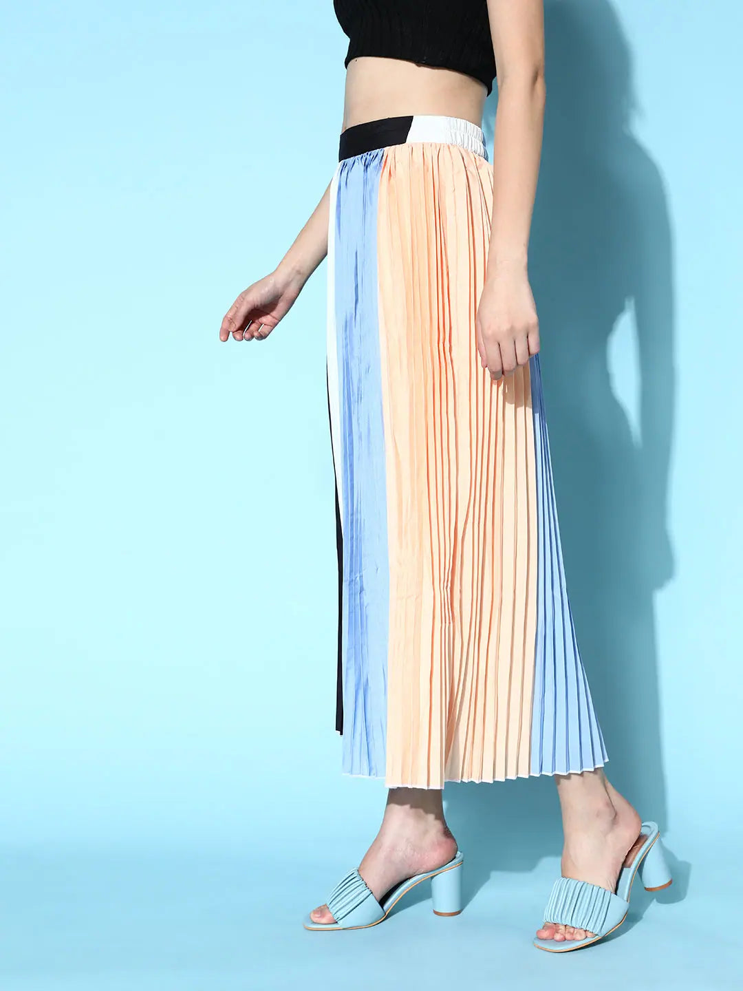 Blue & Beige Color Block Pleated Skirt | Women's Clothing