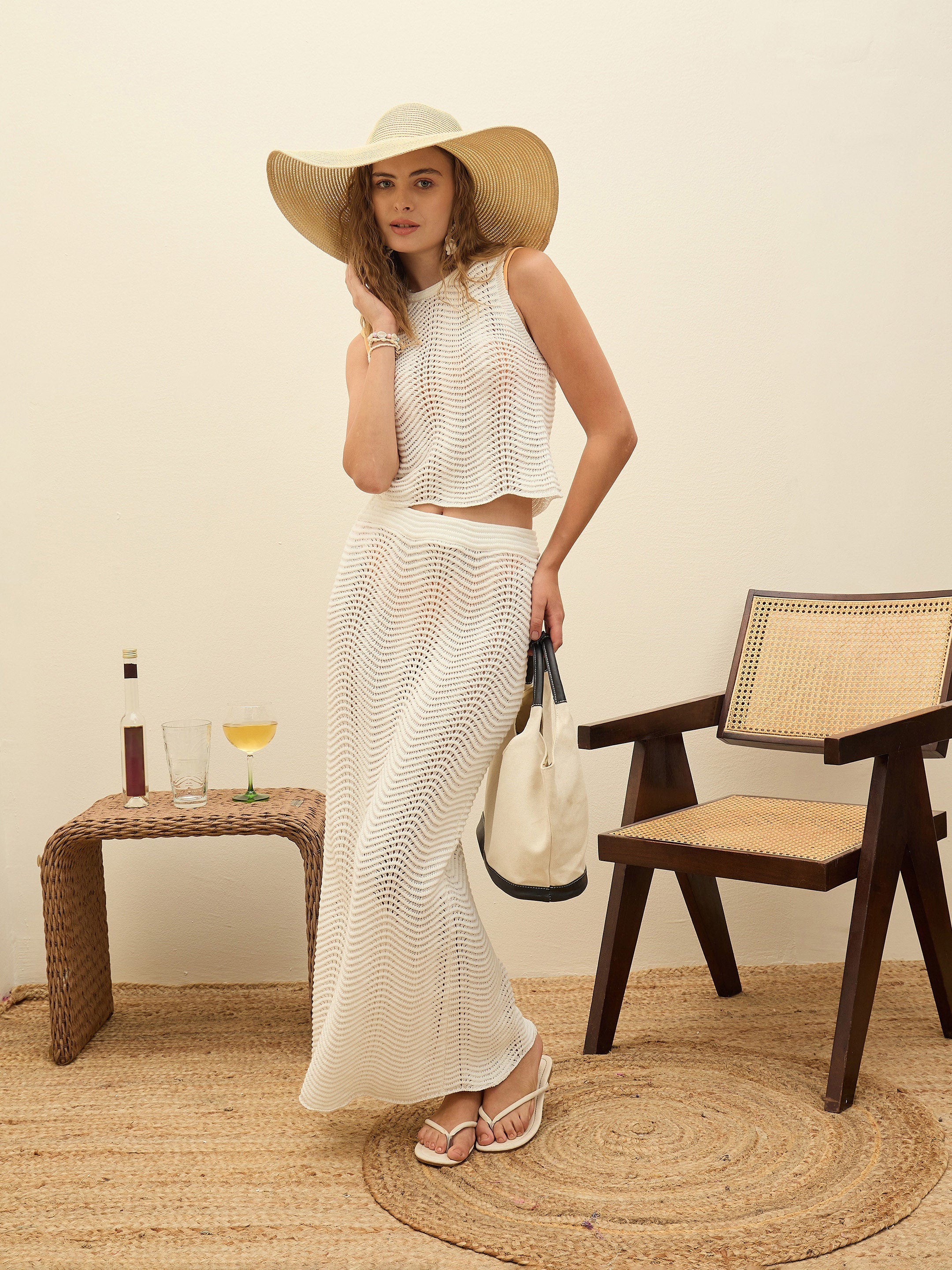 Women Off-White Crochet Straight Maxi Skirt-SFSKRT35018