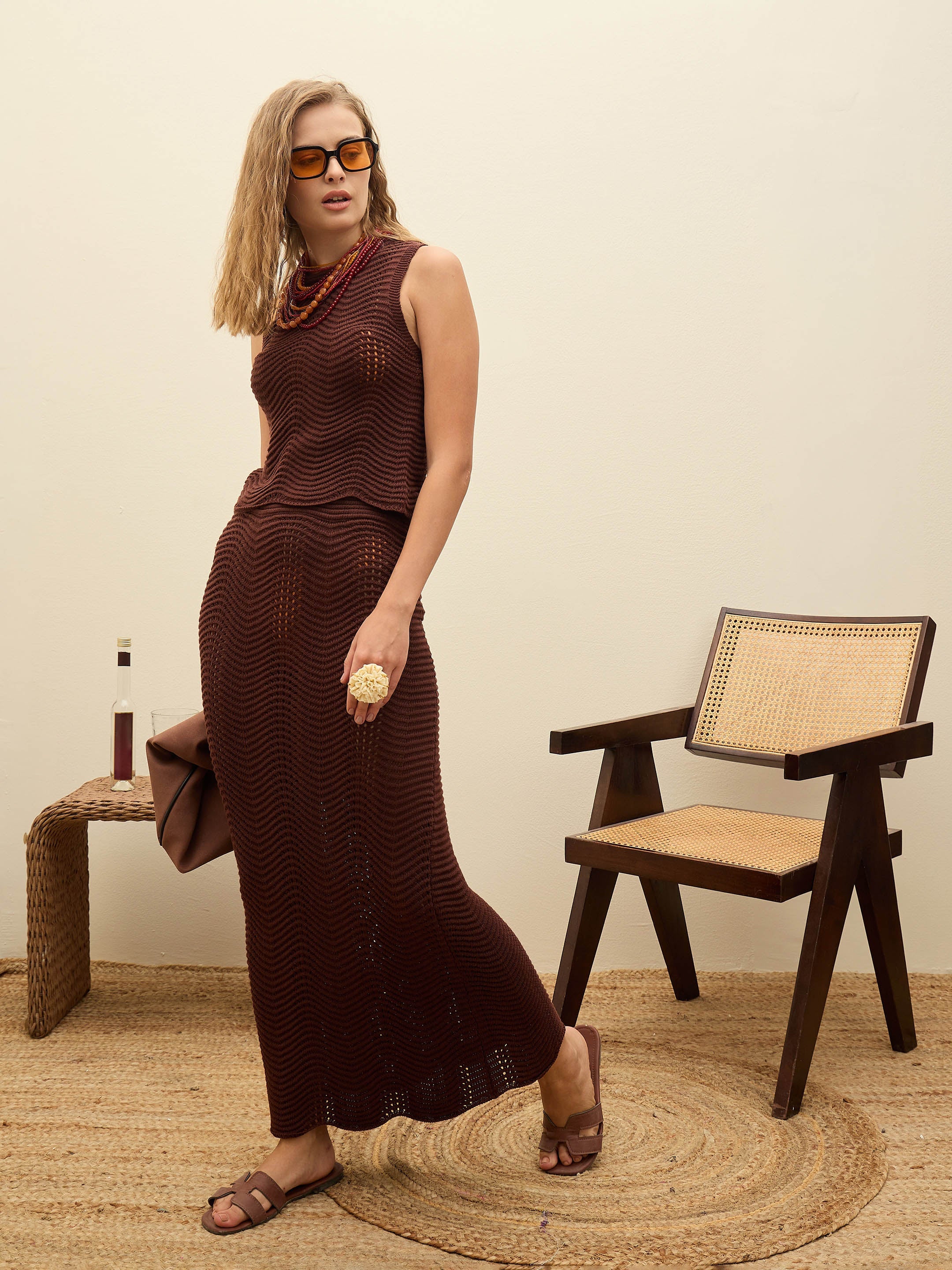Women Brown Crochet Straight Maxi Skirt-SFSKRT35019
