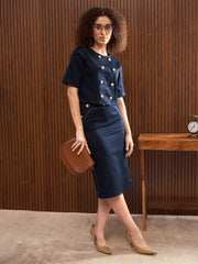Women Navy Contrast Stitch Midi Skirt-SFSKRT35025