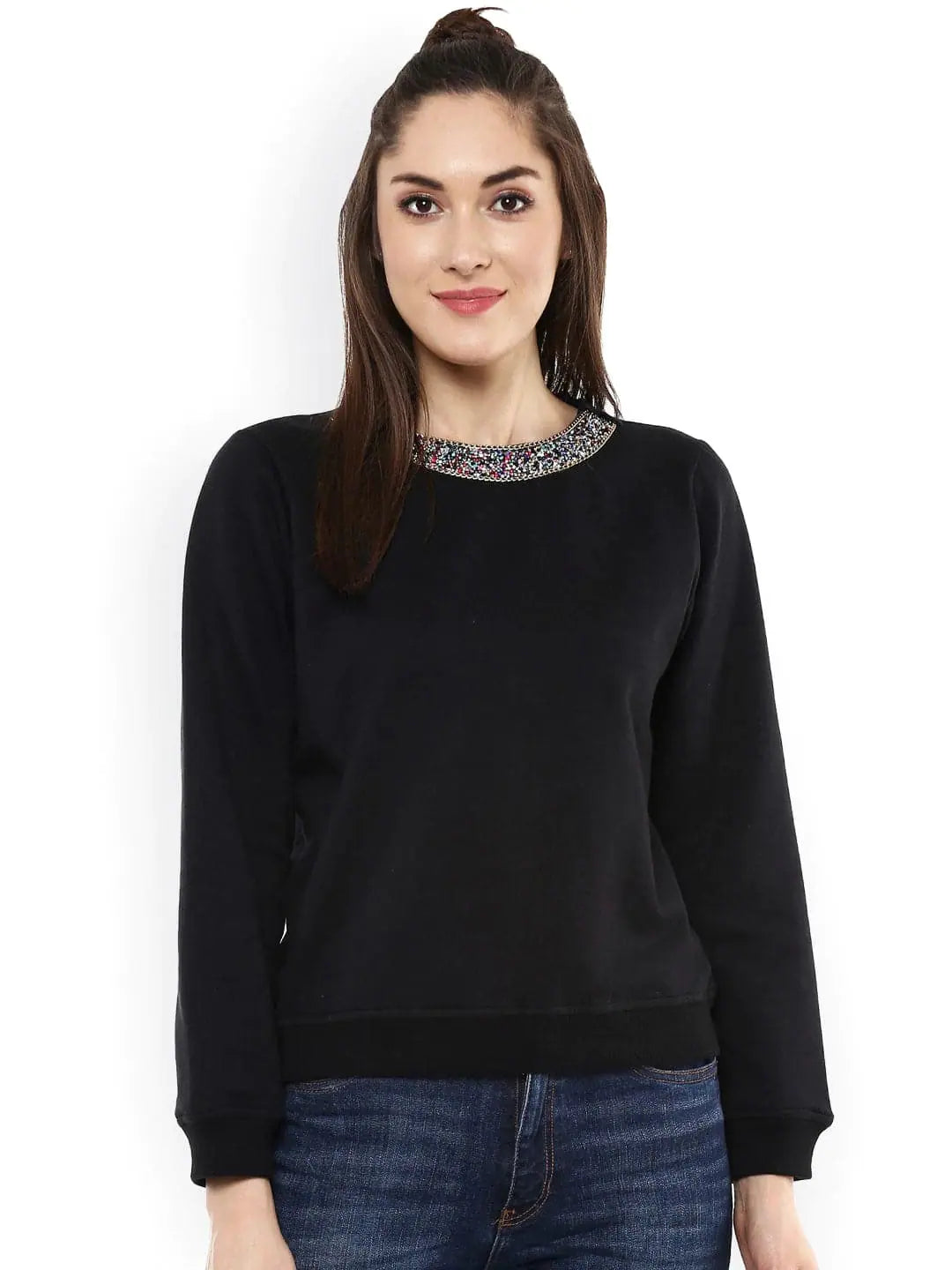 Blingy Neck Black Sweatshirt | Festive Lehenga for Women