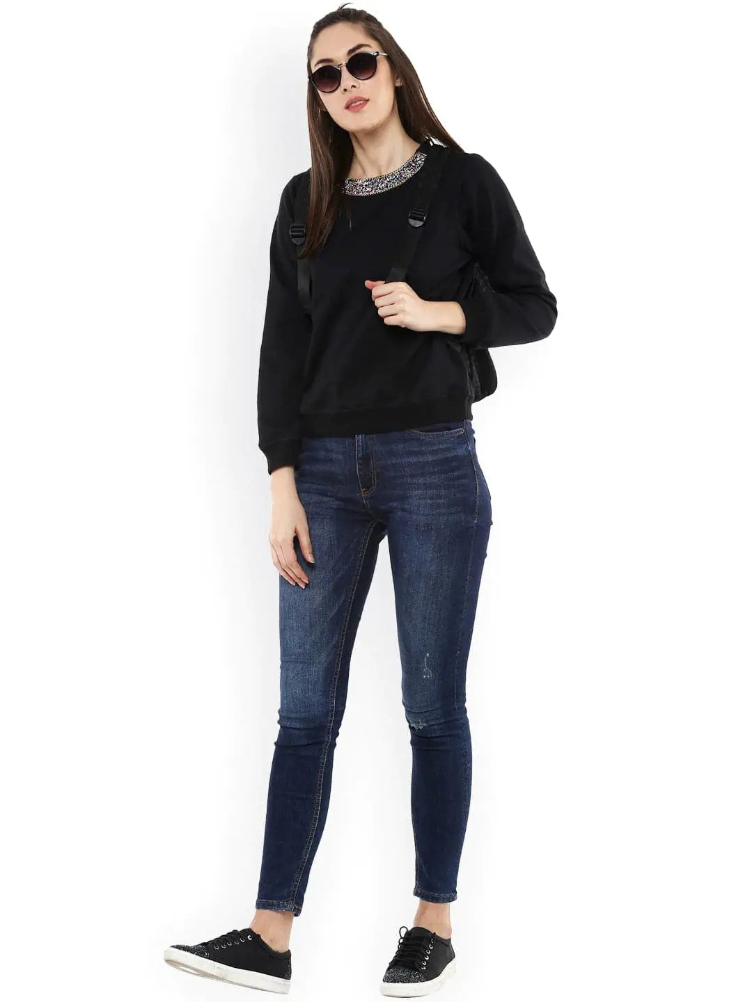 Blingy Neck Black Sweatshirt | Festive Lehenga for Women