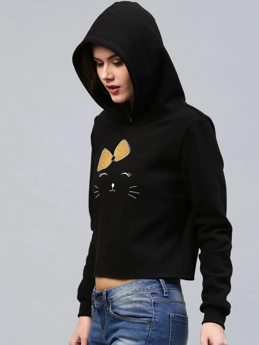 Bow Kitty Black Sweatshirt | Women's Printed Cropped Top
