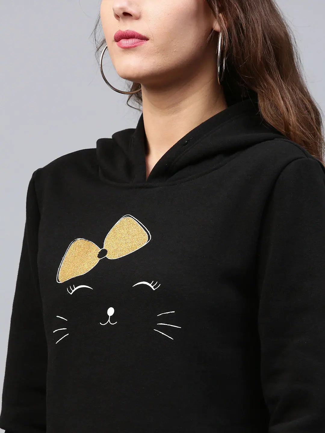 Bow Kitty Black Sweatshirt | Women's Printed Cropped Top