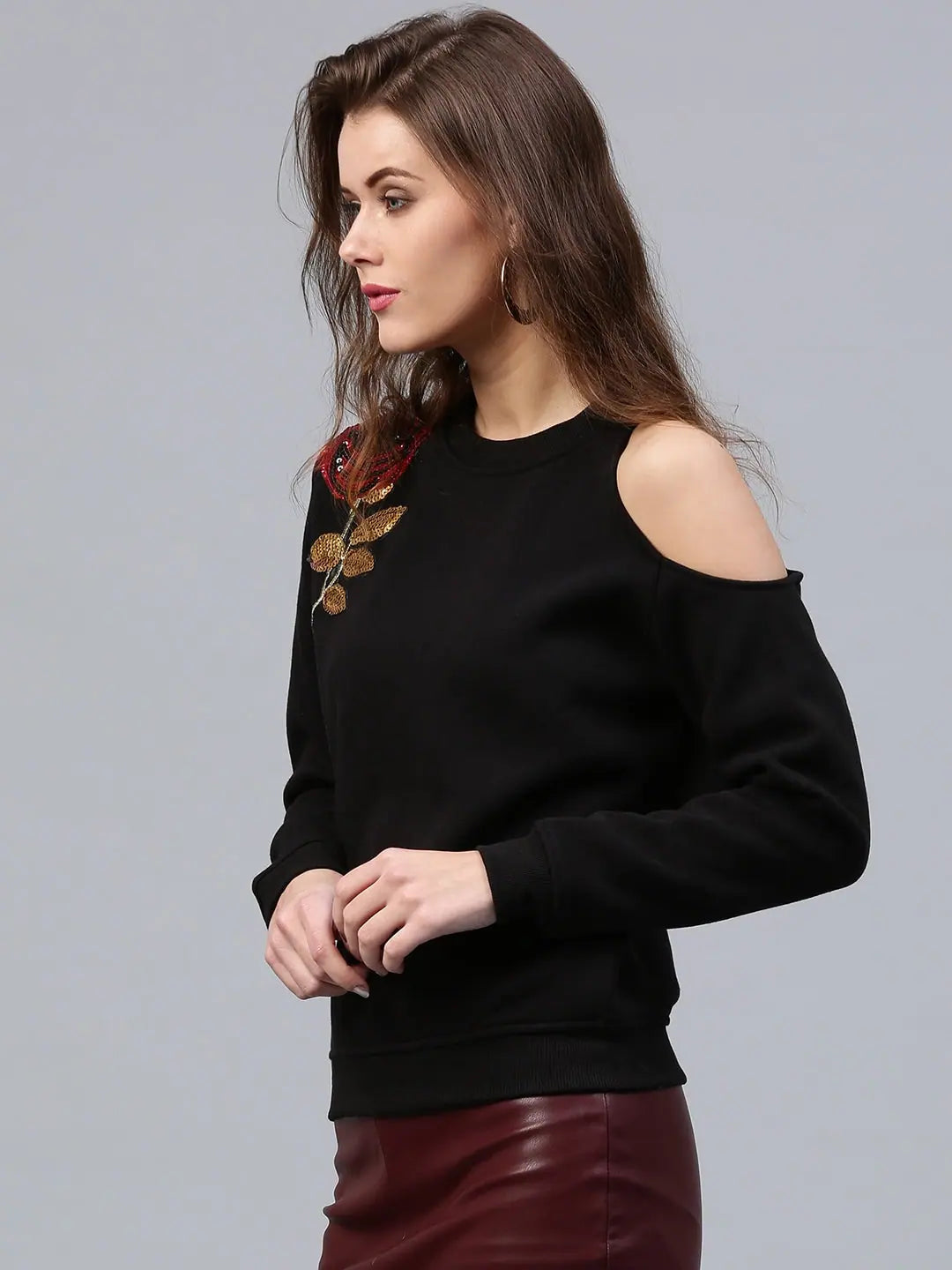 Cold Shoulder Black Sweatshirt:  Lehenga Inspired Rose Patch