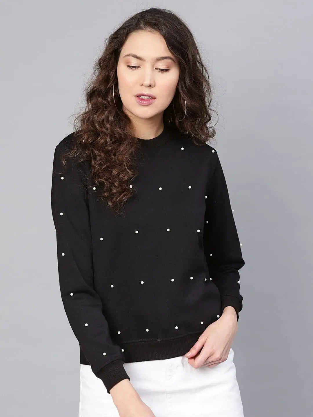 Pearl Beaded Black Sweatshirt | Women's Designer Apparel